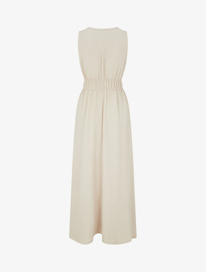 Robe unie à empiècement perles en bois - Beige - 2