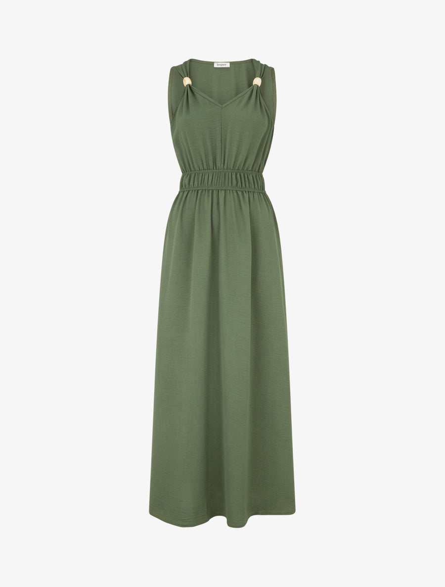 Robe unie à empiècement perles en bois - Kaki - 1