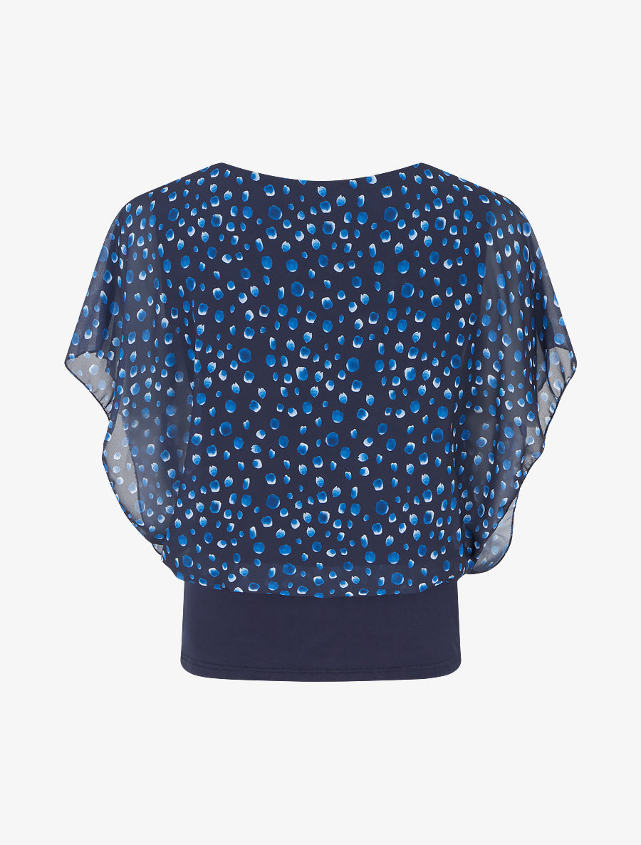 Top imprimé petits ronds à manches volantées - Marine - 2