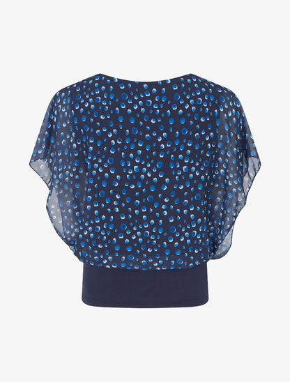 Top imprimé petits ronds à manches volantées - Marine - 2