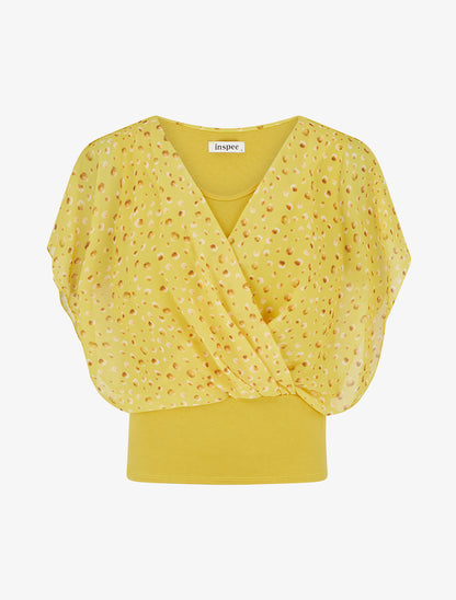 Top imprimé petits ronds à manches volantées - Jaune - 1