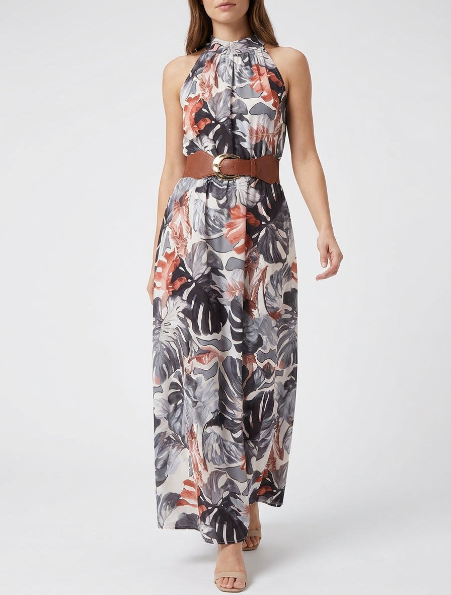 Mouwloze lange jurk met tropische print - Zwart