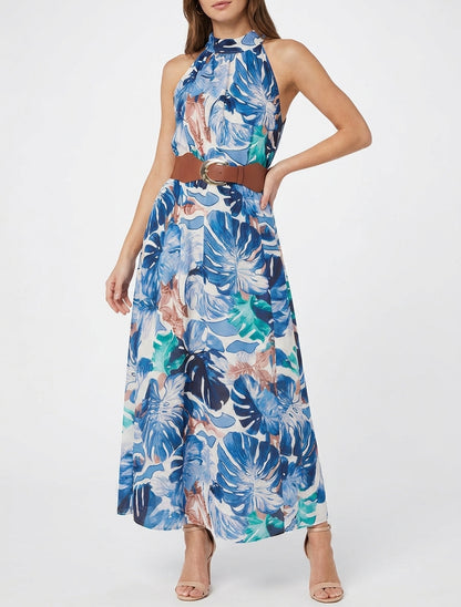 Mouwloze lange jurk met tropische print - Marine