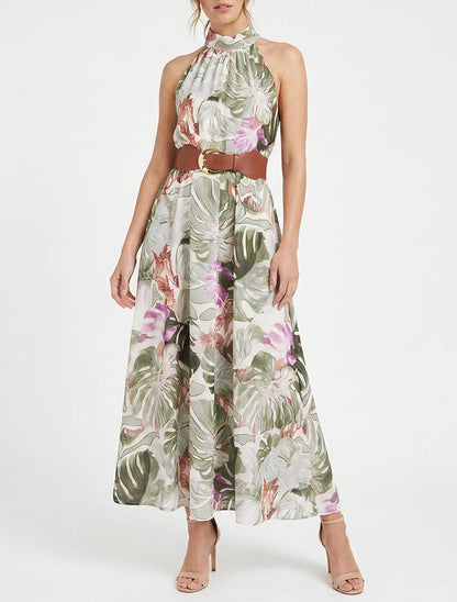 Mouwloze lange jurk met tropische print - Kaki