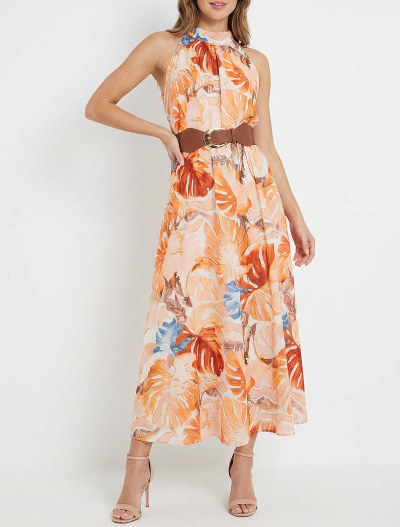 Mouwloze lange jurk met tropische print - Oranje