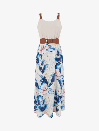 Robe imprimé feuillage à bretelles en simili - Marine - 1