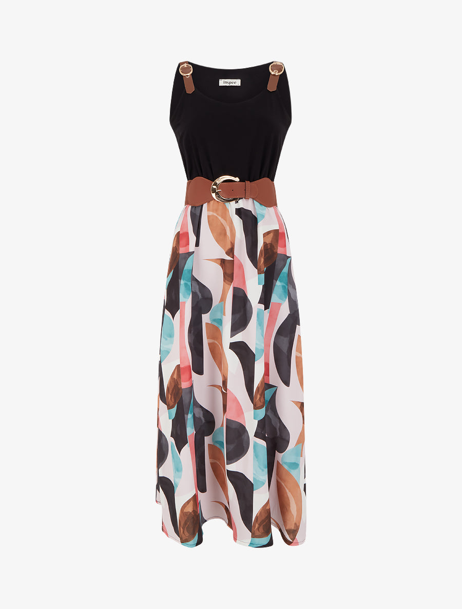 Robe imprimé fantaisie à bretelles en simili - Noir - 1