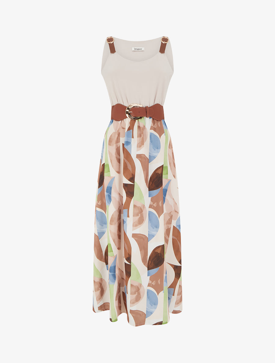 Robe imprimé fantaisie à bretelles en simili - Beige - 1