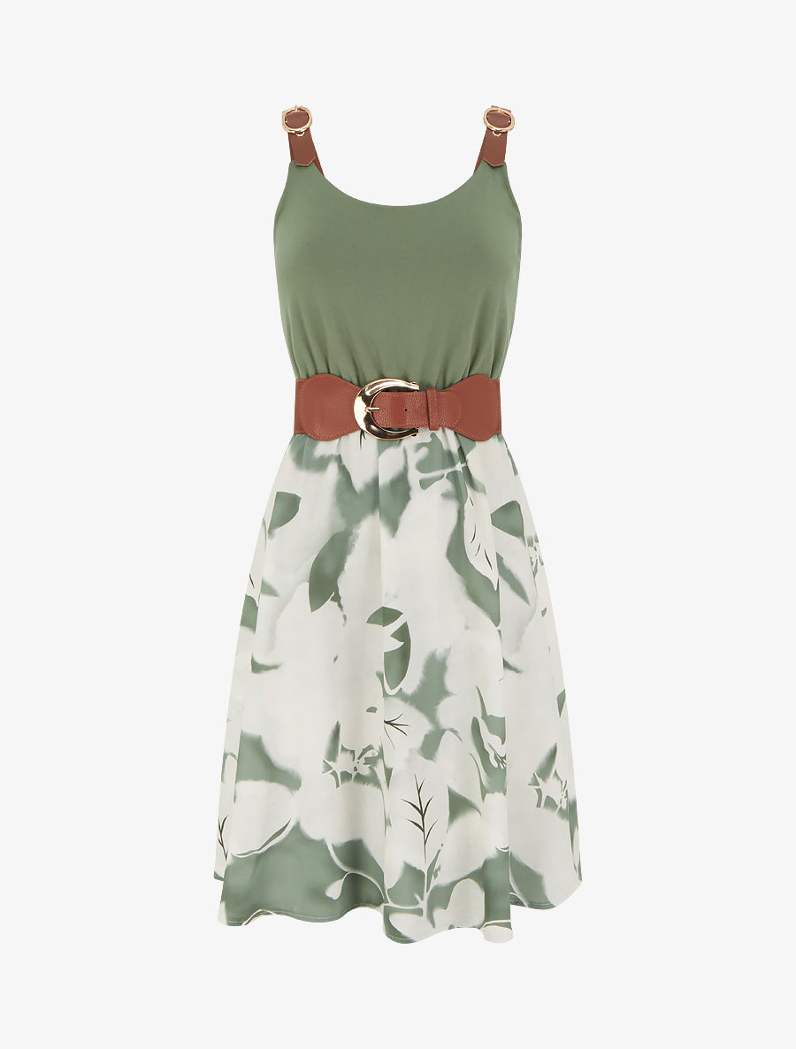 Robe mi-longue à bretelles en simili - Kaki - 1