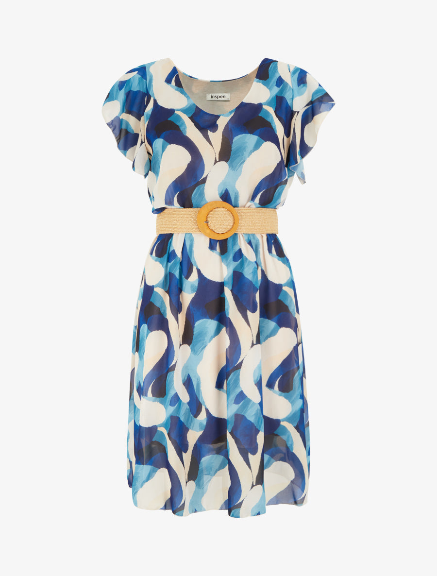 Robe à mancherons volantés imprimé fantaisie - Marine - 1