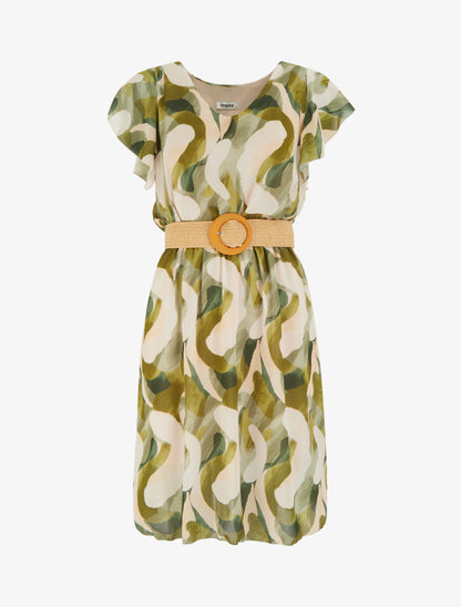 Robe à mancherons volantés imprimé fantaisie - Kaki - 1