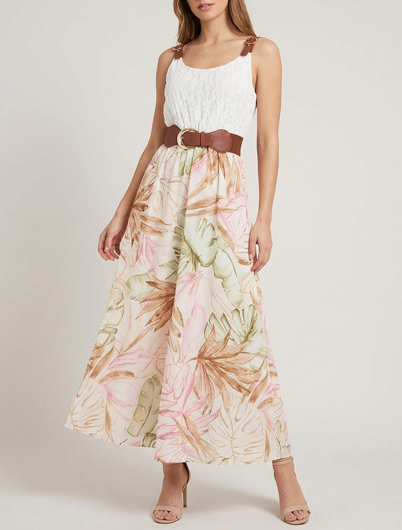Lange jurk met tropische print en imitatiebandjes - Beige