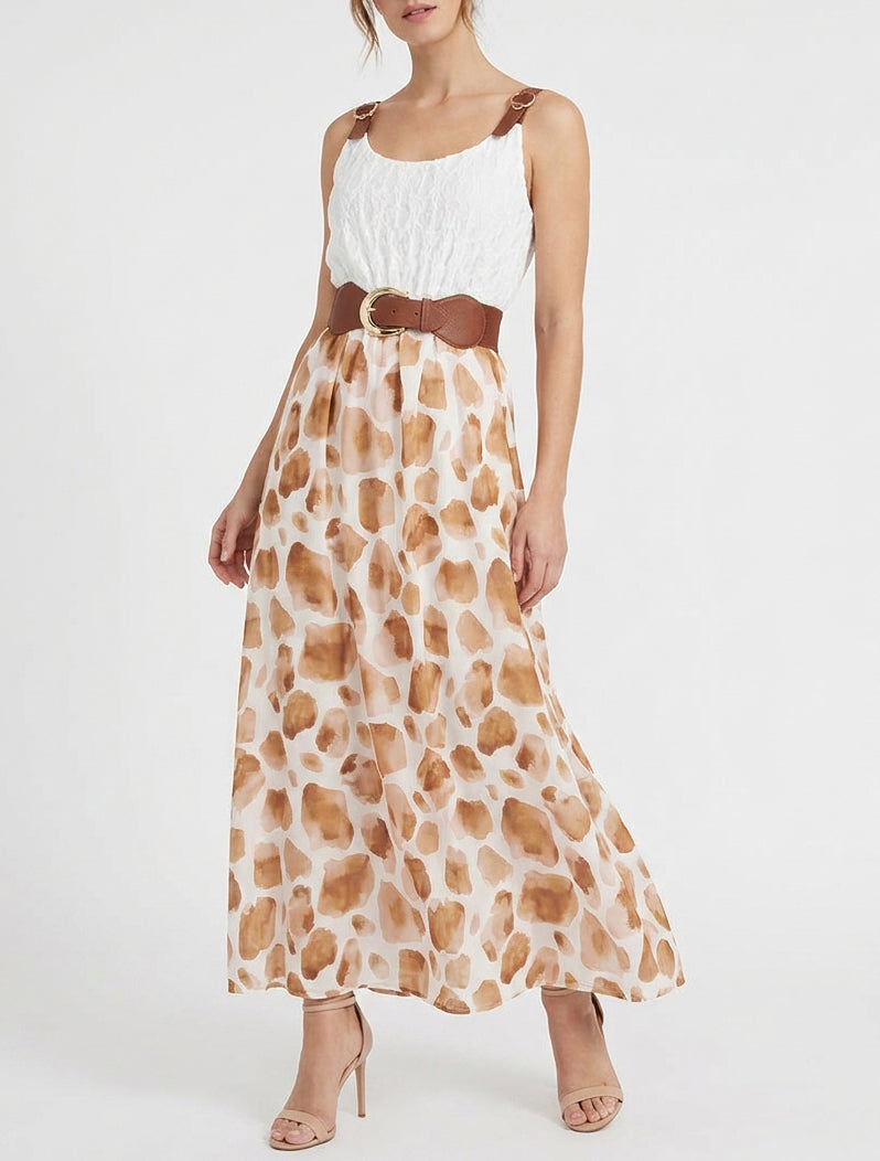 Lange jurk met giraffenprint en imitatieriemen - Bruin