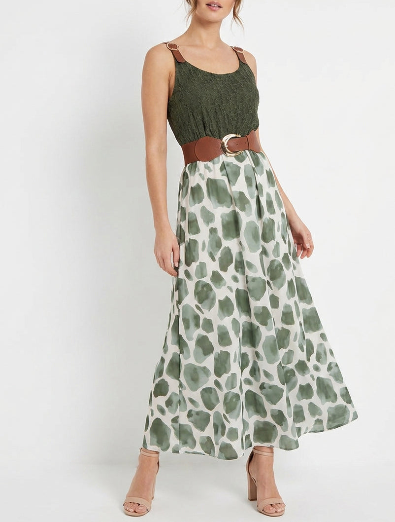 Lange jurk met giraffenprint en imitatieriemen - Kaki