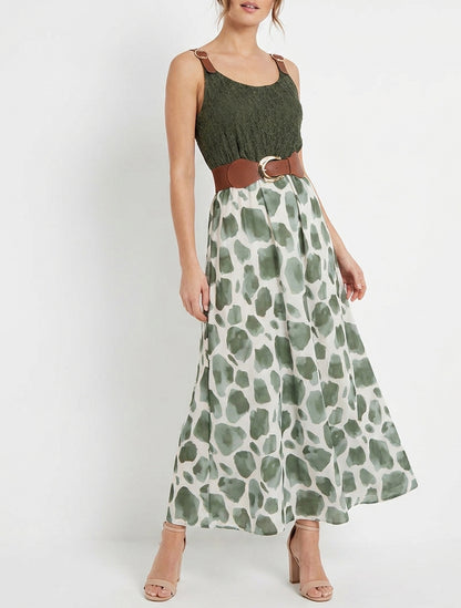 Lange jurk met giraffenprint en imitatieriemen - Kaki