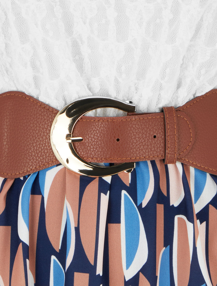 Robe mi-longue imprimé graphique et bretelles simili - Marine - 3