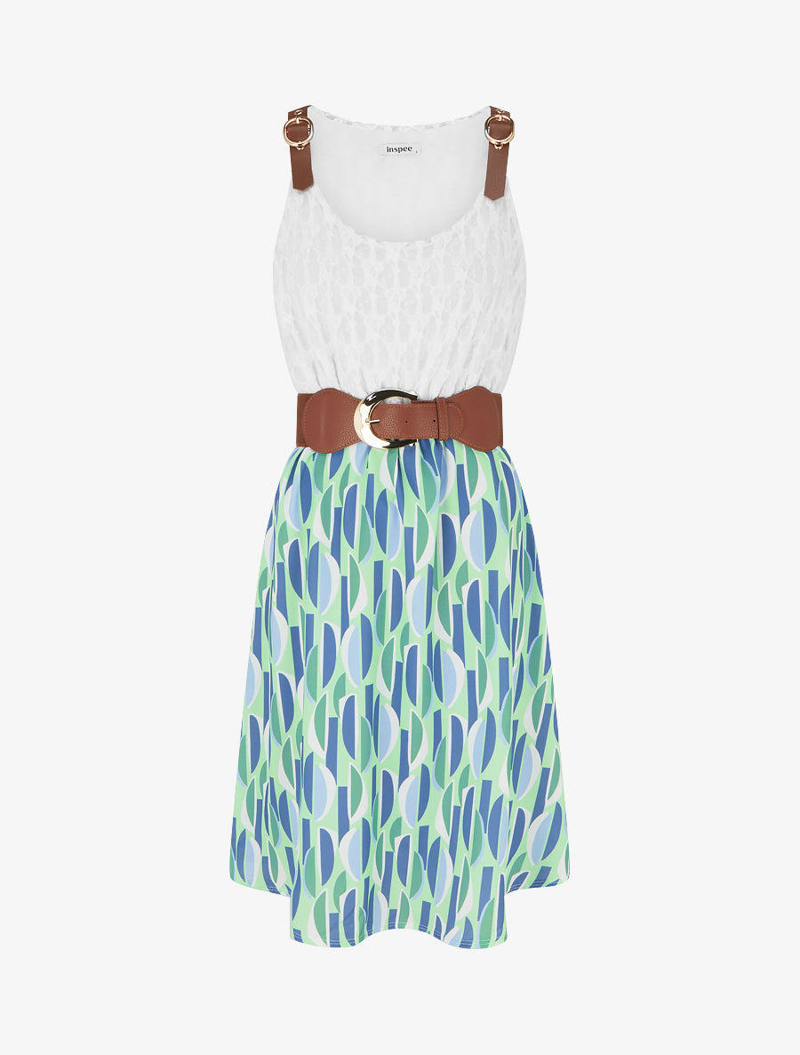 Robe mi-longue imprimé graphique et bretelles simili - Vert d&