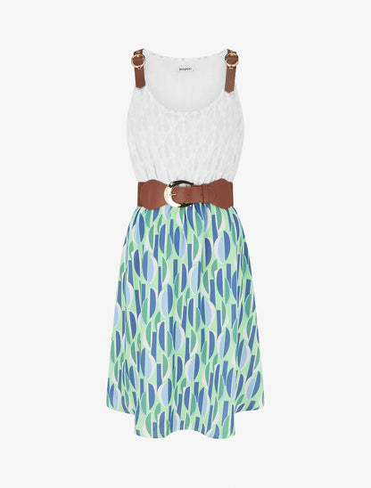 Robe mi-longue imprimé graphique et bretelles simili - Vert d&