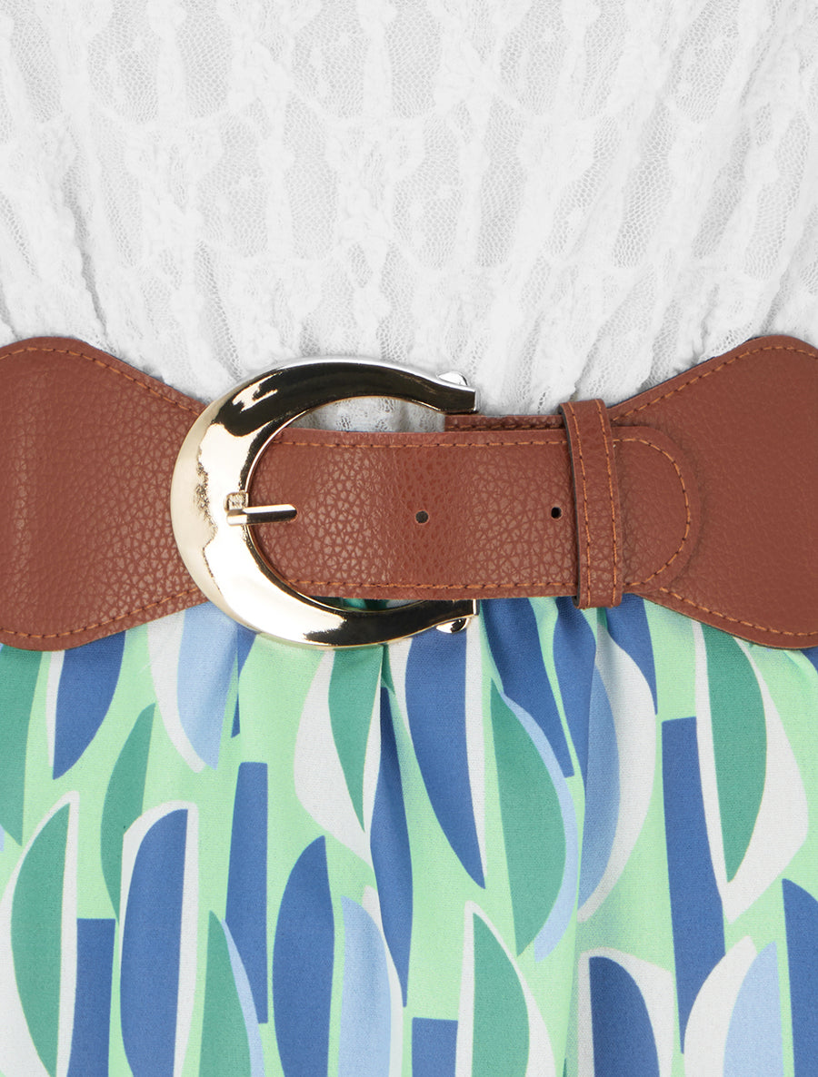 Robe mi-longue imprimé graphique et bretelles simili - Vert d&