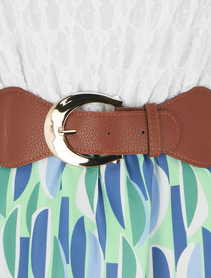 Robe mi-longue imprimé graphique et bretelles simili - Vert d&