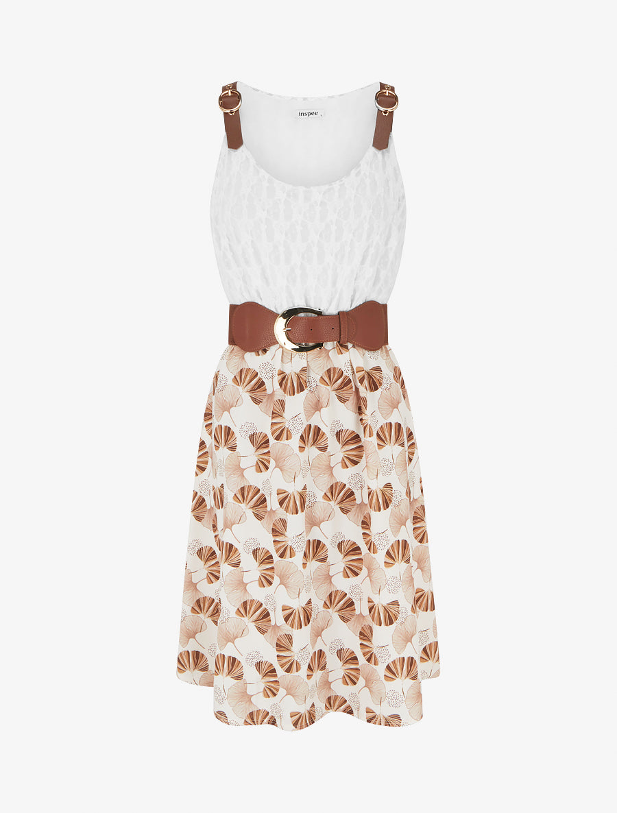 Robe mi-longue imprimé ginkgo et bretelles simili - Marron - 1