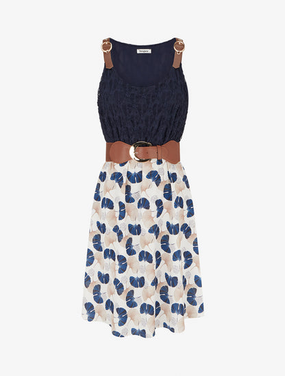 Robe mi-longue imprimé ginkgo et bretelles simili - Marine - 1