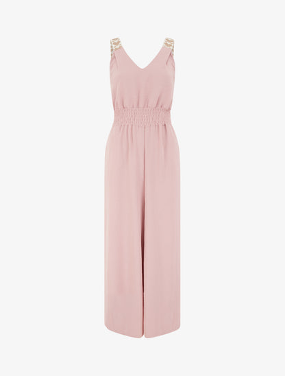 Combinaison unie à bretelles à motif coeurs - Vieux rose - 1