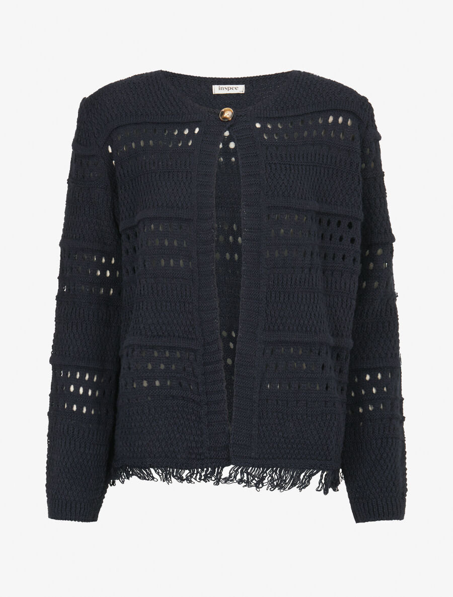 Gilet en maille ajourée à 1 bouton - Marine - 1