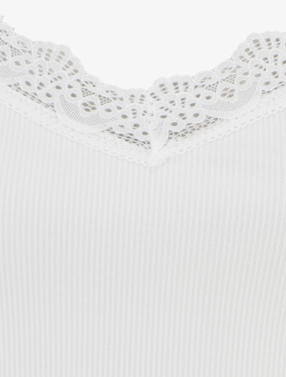 Débardeur côtelé à bretelles en dentelle - Blanc - 3