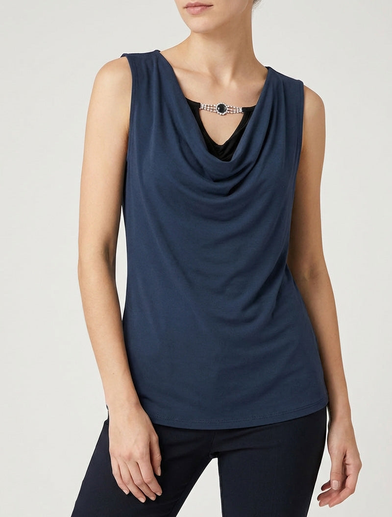 Mouwloze top met gelaagd effect en juweel - Marine