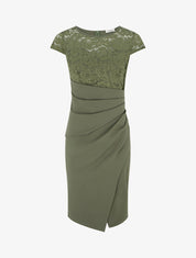Robe ajustée à dentelle et drapé - Kaki - 1