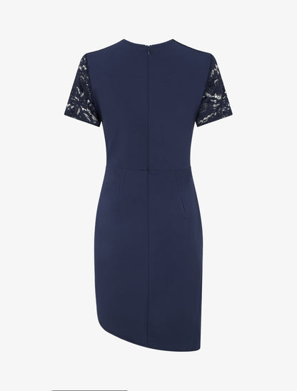 Robe ajustée à manches courtes et dentelle - Marine - 2