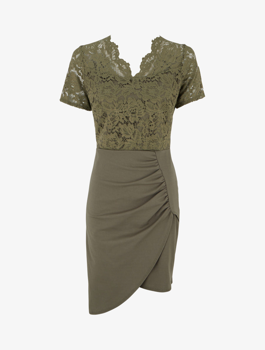 Nauwsluitende jurk met korte mouwen en kant. - Kaki