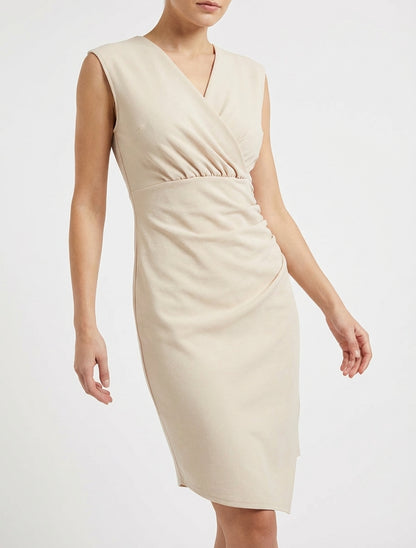Mouwloze effen overslagjurk - Beige