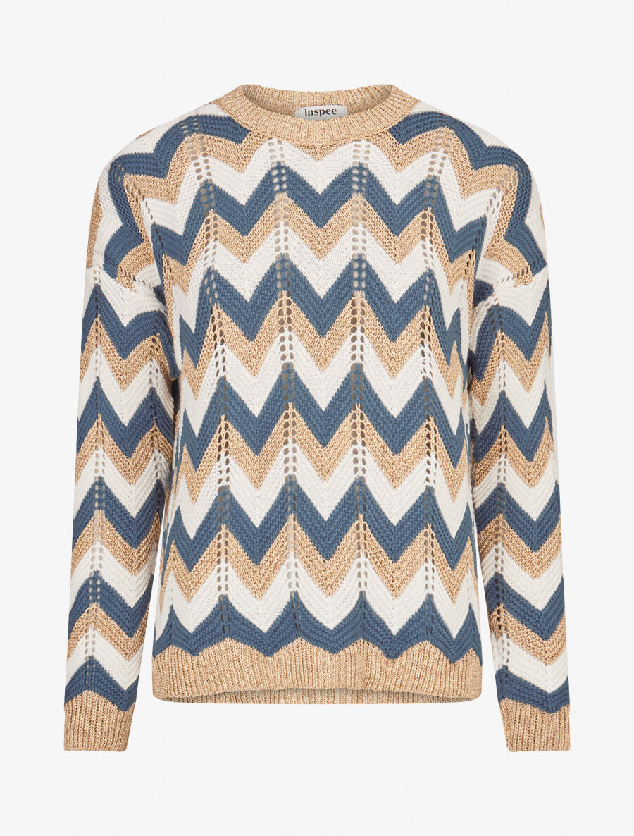 Pull imprimé zig-zag dorés - Bleu charrette - 1