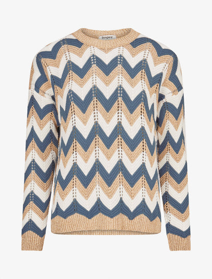Pull imprimé zig-zag dorés - Bleu charrette - 1