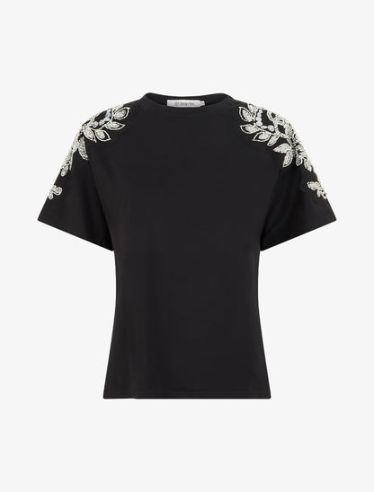 T-shirt manches courtes à épaules strassées - Noir - 1