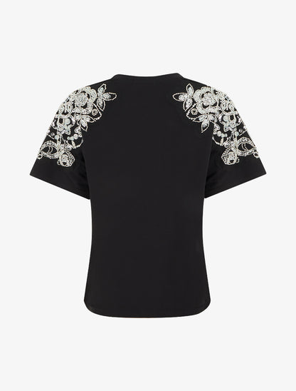 T-shirt manches courtes à épaules strassées - Noir - 2