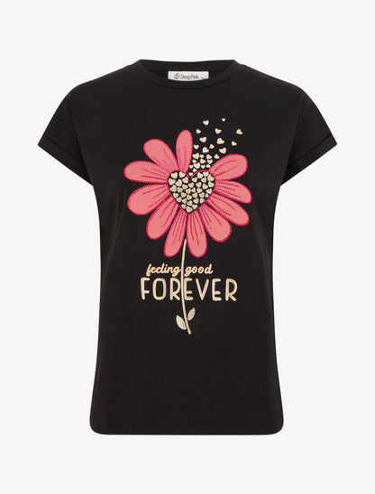 T-shirt à strass et flocage fleur - Noir - 1