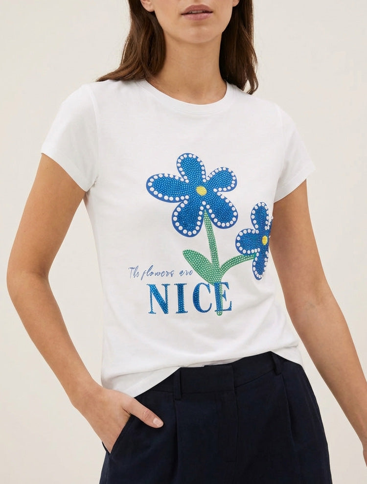 T-shirt met strass en bloemen - Wit