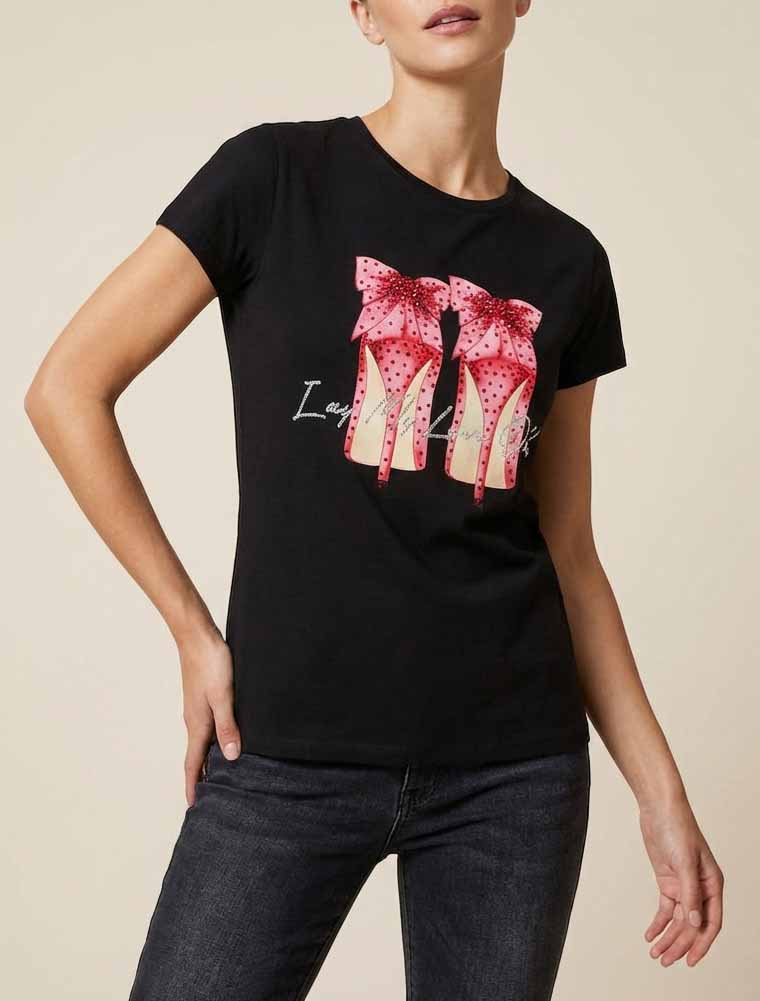 T-shirt met strass en stiletto motief - Zwart