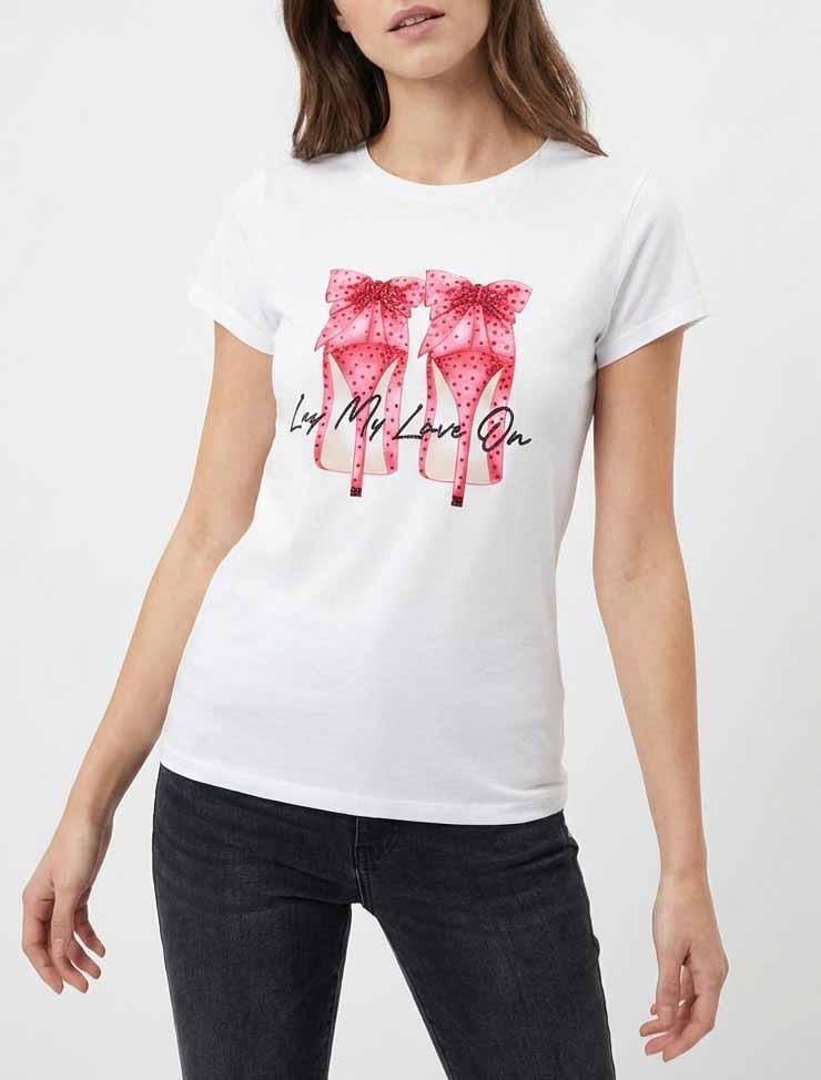 T-shirt met strass en stiletto motief - Wit