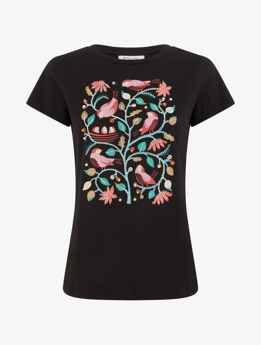 T-shirt à strass et flocage oiseaux - Noir - 1