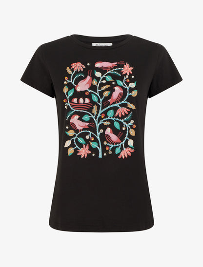 T-shirt à strass et flocage oiseaux - Noir - 1