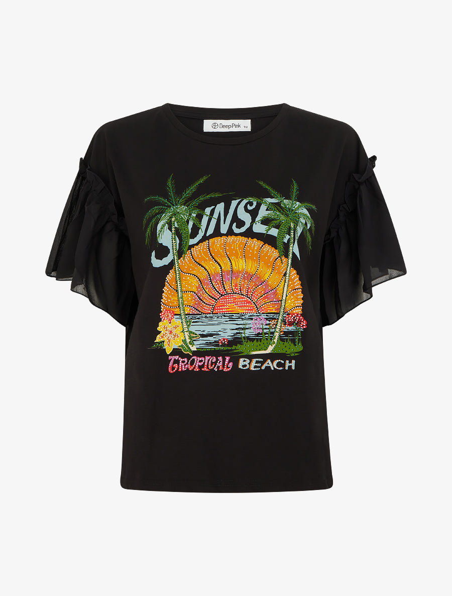 T-shirt motif sunset à strass - Noir - 1