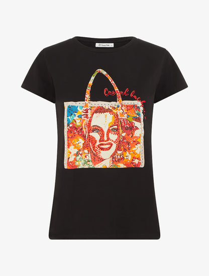 T-shirt à strass et motif sac - Noir - 1