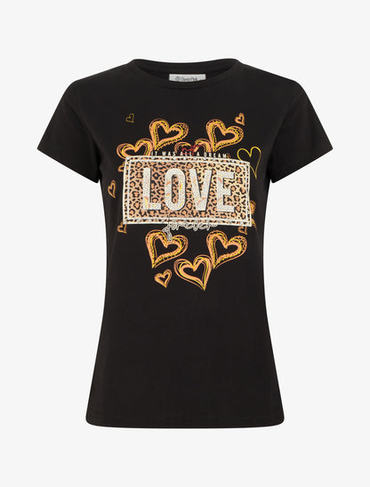 T-shirt à message et motif fleurs strassés - Noir - 1