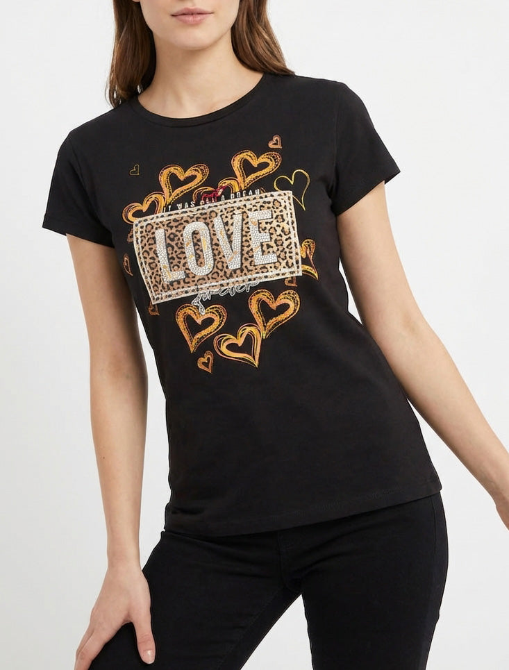 T-shirt met boodschap en met bloemenpatroon met strass-steentjes. - Zwart