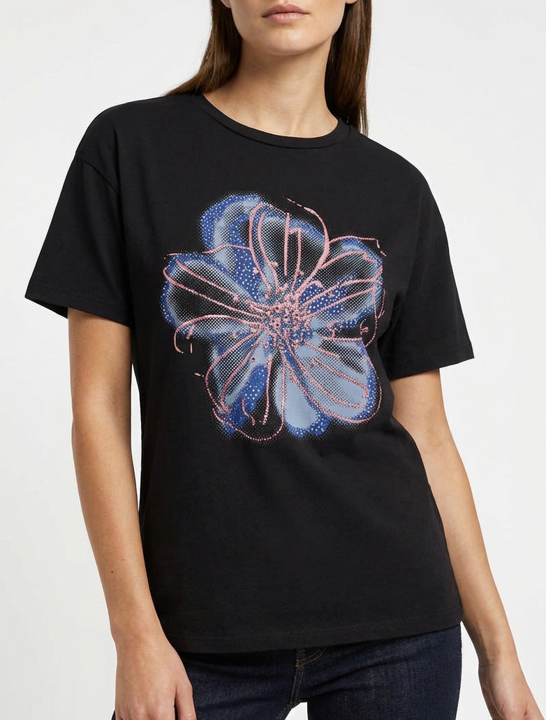 T-shirt met bloemenmotief en strass. - Zwart