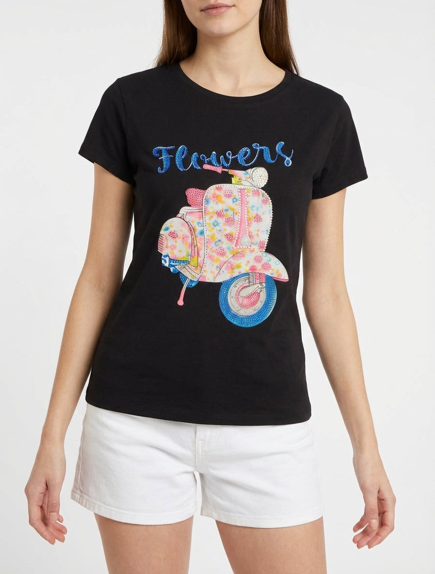 T-shirt met scooterpatroon met strass-steentjes - Zwart